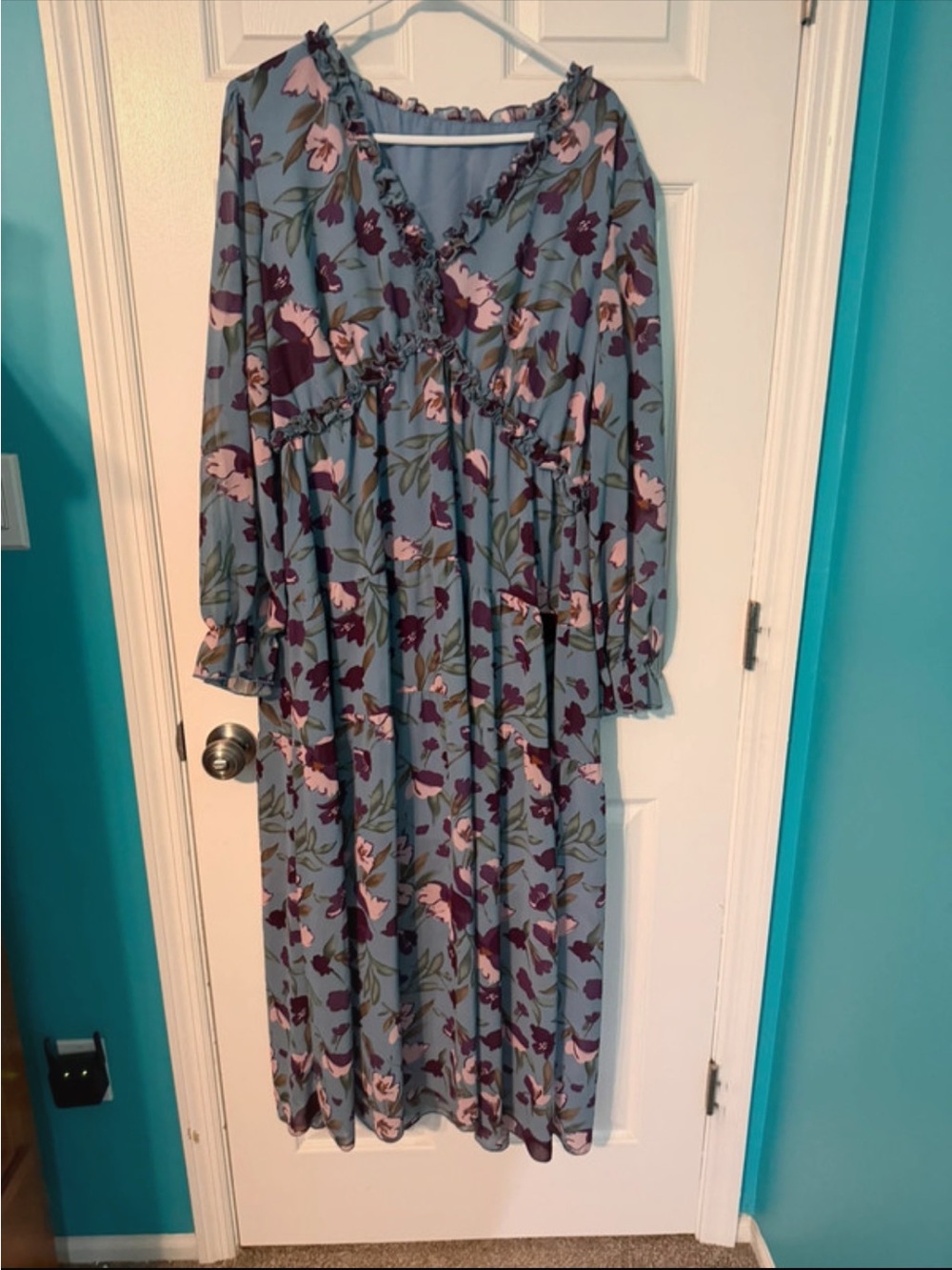 Blue Floral Ruffle Midi Dress